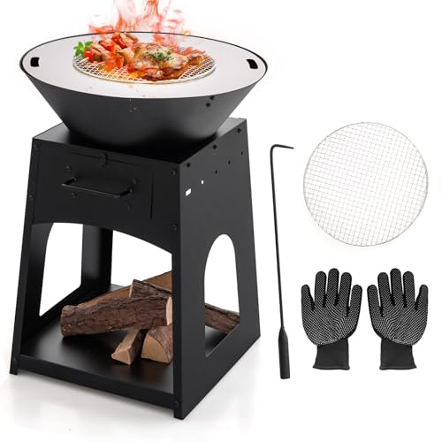 KOMFOTTEU 2 i 1 eldskål för utomhusbruk, eldstad Ø 60 x 80 cm med grill, asklåda, förklädeskrokar och handskar, metall eldskål med fack för trä och kol, svart