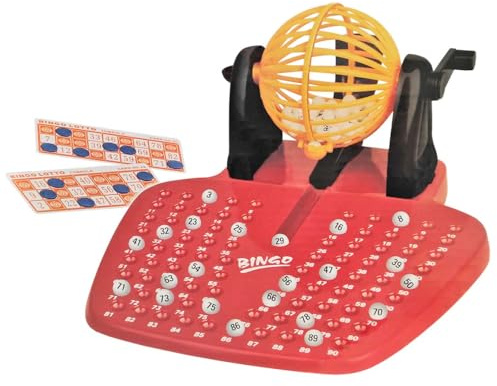 Acan Tradineur - Bingo manuale con 48 cartoni e 90 palline, in plastica, con gettoni, set da tavolo tradizionale, familiare, minimo 2 giocatori, 14 x 26 x 28 cm