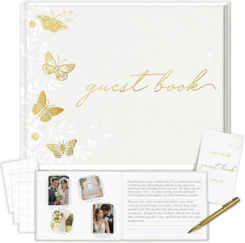 Wedding Guest Book, Butterflies Guest Book for Sign 23x18cm 112 Page | Lined & Blank Guest Book Wedding for Bridal Shower Party Includes Signature Card Signing Pen & Photo Corners
