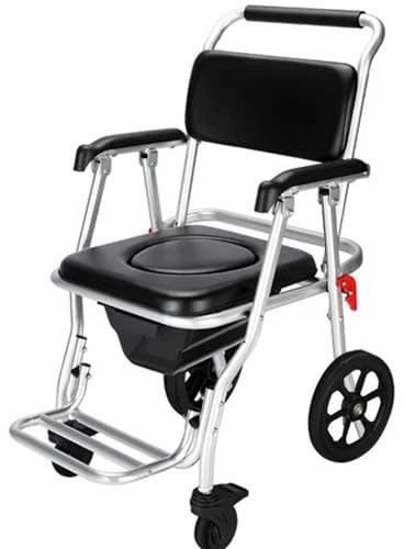 3-in-1 Shower Commode Wheelchair | Foldable Aluminium Wheeled Shower Chair with Padded Seat & Backrest | Removable Commode Bucket & Front Clip Brakes | Attendant-Pushed Indoor Toilet Chair