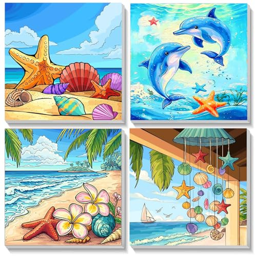 Bowetile 4 Pack Vista al Mar Pintar por Numeros Adultos Niños Principiantes con Marco, Kit DIY Cartoon Cuadros para Pintar por Numeros, Pintura Acrilica Manualidades Niña, Regalo 4-8-12+ Años 20X20cm