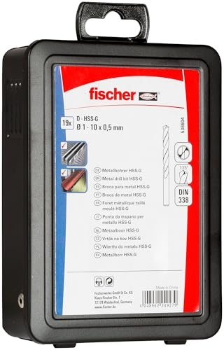 Fischer Set 19 Punte Trapano per Metallo, Box Metallico, Professionali in Acciaio HSS-G, Diametro 1-10 mm, Attacco Cilindrico, per Acciaio, Lamiera, Ferro, Ghisa, Alluminio, 536604