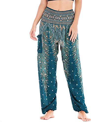 Nuofengkudu Damen Haremshosen High Waist Hippie Muster Baumwolle Pumphosen mit Taschen Leicht Weite Luftige Stoffhose Yogahose Sommerhose Strandhose(Einheitsgröße,D Grün Pfau)