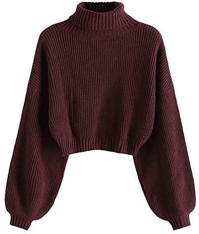 ZAFUL Jersey de cuello alto para mujer, con hombros descubiertos, suéter corto, 1 rojo vino, S