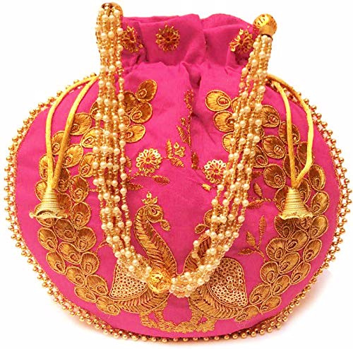 Ekavya Eyesart Fashion Peacock Embroidered Potli Bag for Women, Royal Pink