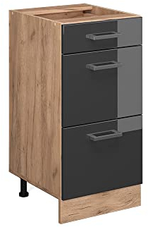 Vicco Küchenunterschrank R-Line, Anthrazit Hochglanz/Goldkraft Eiche, 40 cm mit Schubladen, ohne Arbeitsplatte