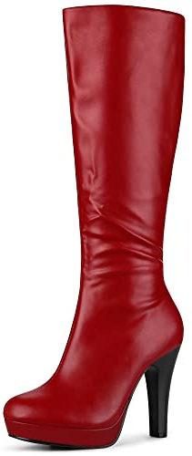 Allegra K Damen Chunky Heel Runde Zehe Plateau Kniehohe Stiefel, rot, 39 EU