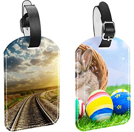 Lot de 2 étiquettes à bagages, lapin avec œufs de Pâques sur herbe verte, étiquettes de valise de voyage en cuir avec carte de confidentialité