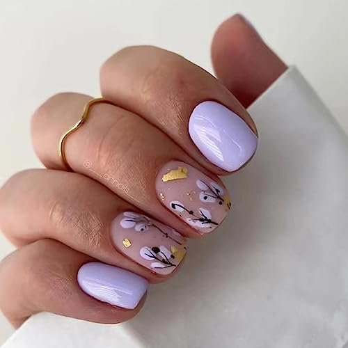 Ceboic 24 Stück Eckig Nägel Zum Aufkleben Kurz, Lila Blume French Künstliche Nägel, Glossy Kunstnägel Press on Nails mit Designs Acryl Fingernägel Fake Nails für Frauen Mädchen Party und Heimat DIY