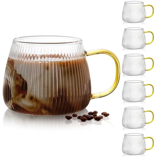 AVLA 6 Pack Glass Coffee Mugs, 16OZ/480ML Unique Vertical Stripes Coffee Cup, Clear Large Tea Glasses with Handle, Vintage Transparent Glassware for Hot/Cold Beverages, Cappuccino, Latte, Juice