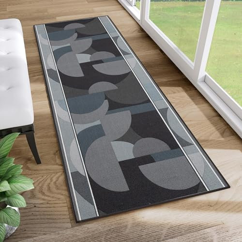 TAPISO Anti Rutsch Teppich Läufer Grau Schwarz Weiss rutschfest Modern Abstrakt Figuren Muster Flur Korridor Küche Wohnzimmer ÖKO-TEX 67 x 410 cm