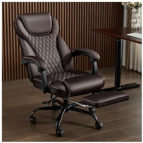 amseatec Office Chair, Big and Tall Office Chair with Foot Rest Ergonomic Desk Chairs Reclining High Back Leather Chairs with Lumbar Support(Brown)