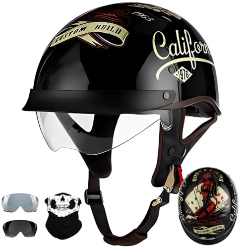 Casques Jet, Demi-Casque Moto Vintage Homologué ECE, Rétro Casques Bols avec Pare-Soleil et Boucle à Dégagement Rapide Réglable, Casque Ouvert pour Scooter Vélo Cruiser 57~64cm