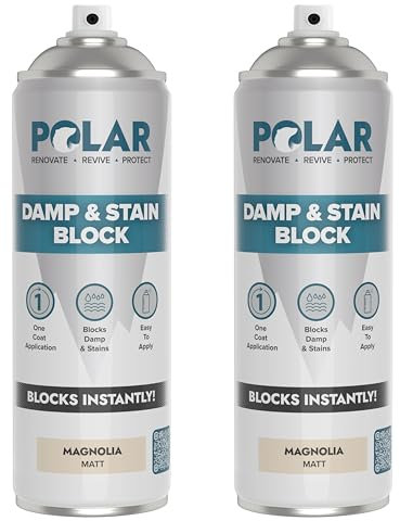 Polar Damp & Stain Block Spray | Matt Magnolia - 2 x 500ml | One Coat Anti Mould Spray | Damp Proof Paint for Internal Walls, Wood, Stone & Brick | Stain Blocker Paint for Ceiling