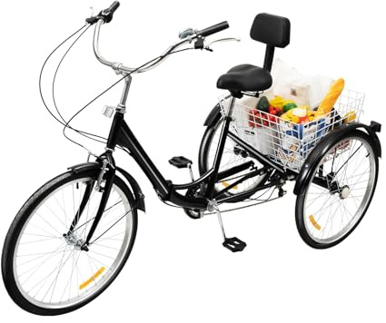 Folding Adult Tricycle 24 Inch 7 Speed 3-Wheel Bike Adult Trike Bike Tricycle for Adults, Backrest and Basket Height Adjustable Cruise Trike Elderly Bicycle for Shopping Picnic Beach (Black)