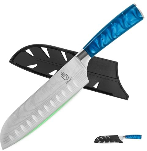 FULLHI Coltello Santoku con fodero 2pcs, colore 7 pollici coltelli giapponesi, Sushi taglio coltello da cucina in acciaio inox (Resina blu)