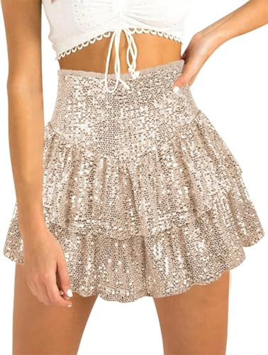 FENXIXIONE Paillettes Pour Femmes Jupe à Volants Taille Haute Paillettes Jupe Fluide Superposée Mini Jupe Brillante Short Intégré (S,Champagne)