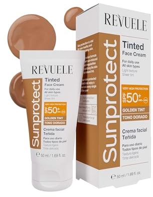 REVUELE Sunprotect Crema Viso Colorata SPF 50+ – Protezione Solare Alta con Effetto Uniformante, Texture Leggera e Setosa, Golden Tint, Pelle Naturale e Luminosa, 50 ml