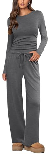 Ekouaer Lounge Wear Sets for Women Two Piece Outfit Ladies Tracksuit Full Set Co Ord Sets Matching Loungewear Ruched Top and Lounge Pants Dark Grey M