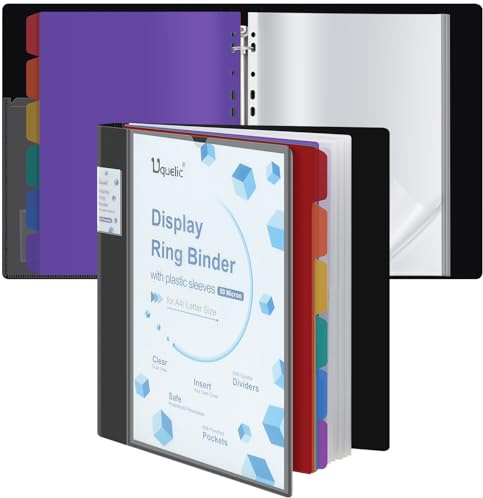 Uquelic Presentation Ring Binder, A4 Display Folder with 80 Punched Pockets and 6 Colorful PP Divider Pages, Folder File Plastic Sleeves for Documents, Certificates, Personalise The Front Cover