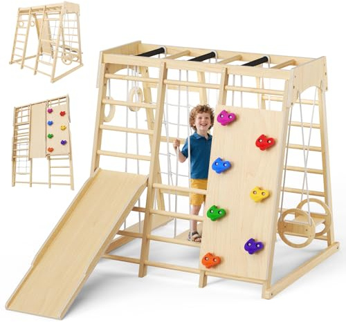Struttura da arrampicata 9 in 1 per bambini (2-6 anni), palestra della giungla con scivolo, parete rocciosa, barre per scimmie, scale e altalena, legno naturale certificato ASTM