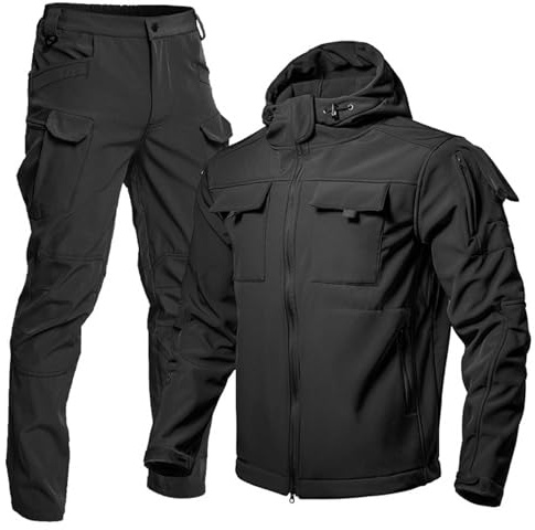 Genérico Wasserdichtes Set aus taktischer Jacke und Hose mit Kapuze, weich, für Herren, zum Angeln, Wandern, Fleece, Softshell, dick, Bergsteigen, Camping, Training, Schwarz , Large
