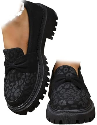 Mocassins à talon bloc en daim imprimé léopard pour femme - Bout rond - Élégants et larges talons bas - Chaussures de bureau, Noir , 10 UK Wide
