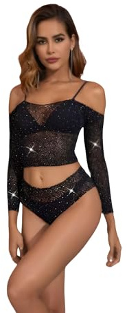 ENERGY GROUP ONLINE Sexig genomskinlig spetsbody för kvinnor med glitter – eleganta långärmade underkläder med axellös axel, sensuell och bekväm design för speciella kvällar, svart, Svart glitter, one