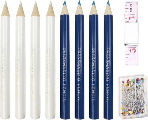 TZMFHD 8 Tailors Chalk Pens, 100 Ceramic Head Pins and 1 Measuring Tape, Sewing Chalk for Fabric Marking, Sewing Accessories for Tailoring, Embroidery and DIY Crafts