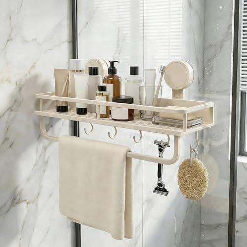 BXUUXA Etagere Douche sans Percage, Étagère de Douche Ventouse sans Perçage Rangement Douch avec Crochets, Capacité de Charge 5kg, Accessoire Salle de Bain Antirouille pour Shampooing Savon