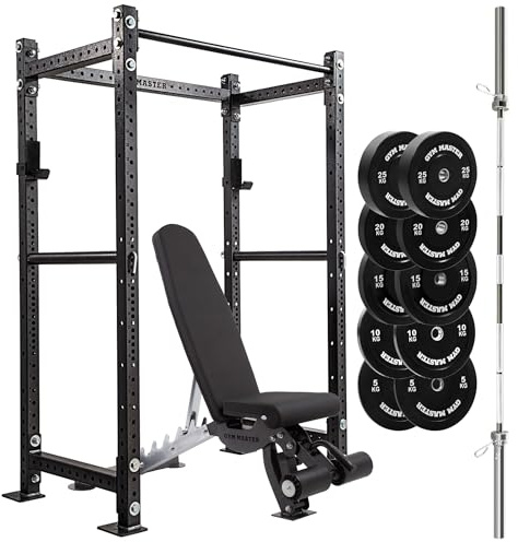 GYM MASTER GM3 Power Rack With Bench, Barbell and Weights Set - Power Rack H:206cm, D:60cm + 6ft Int'l barbell