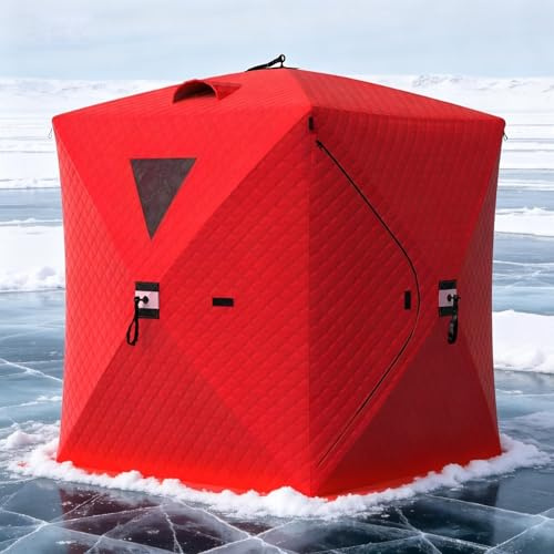 Insulated Pop-Up Ice Fishing Tent Shelter, 3-5 Person Portable Hub-Style Cabin Shanty, 60-Second Instant Setup, Windproof Thermal, Winter Ice Fishing Tent w/Ice Anchors, Stability Ropes & Carry Bag