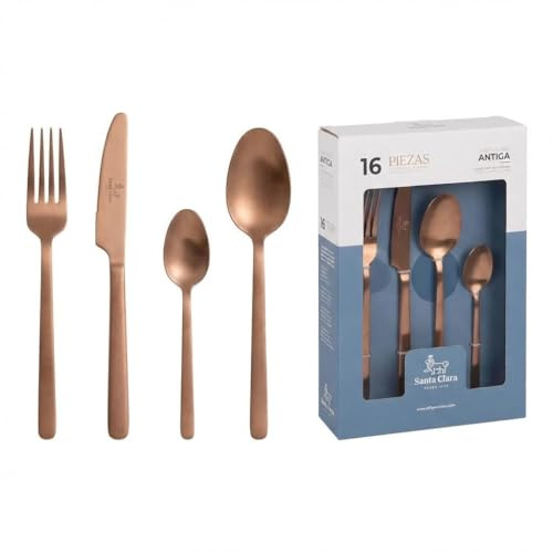 SANTA CLARA | Cubertería completa 16 piezas de acero inoxidable acabado cobre PVD, juego de cubiertos con cuchillo, tenedor, cuchara y cucharilla de postre, servicio para 4 personas, modelo Antiga