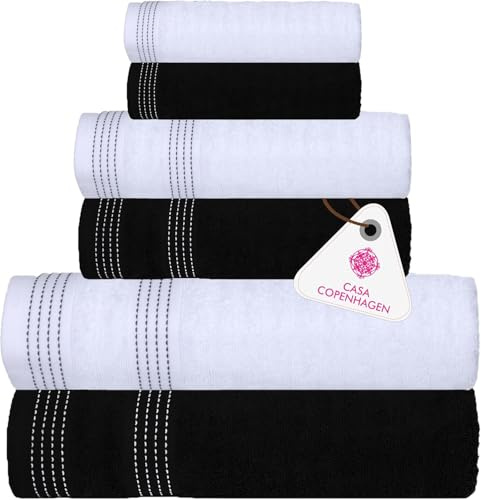 Casa Copenhagen Juego Regalo de 6 Toallas de baño,600 gsm,Blanco Negro