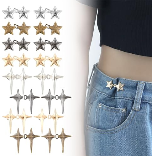 16 Pairs Adjustable Jeans Buttons No Sewing, Star Shaped Waist Tightener Clips for Pants Skirts, Removable Metal Button Pins for Loose Trousers Clothing, Instantly Tighten Waistband