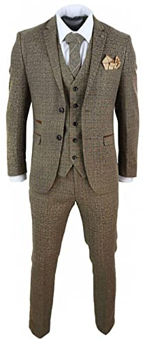 Mens 3 Piece Suit Tweed Check Vintage Retro Tailored Fit 1920s Brown