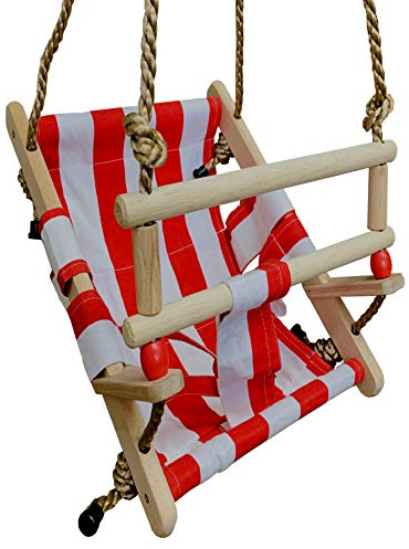 Babyschaukel Babysitz Schaukelsitz Schaukel Kinderschaukel aus Holz und Stoff, rot-weiß