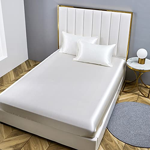 Damier Spannbettlaken 160x200cm Weiß Satin Seide Glänzend Bettlaken Hochwertiges Deluxe Unifarben Spannbetttuch, geeignet für Matratzen bis 30cm