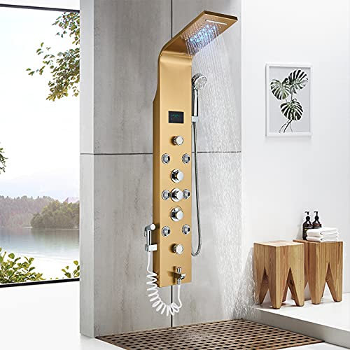 Cesinkin Colonne de Douche LED Gold Panneau Mural Douche (Pour baignoires) Système Hydromassante à 6 Jets Panneau de Douche Multifonctionnel