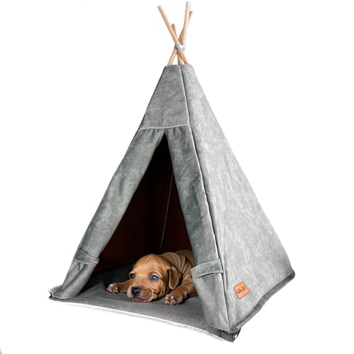 Tipi Zelt für einen kleinen Hund – Katzenzelt aus strapazierfähigem Material – weicher und abschließbarer Unterschlupf für Ihr Haustier – Katzenhaus und Hund mit Stabilisator (M (55x55x82 cm), Grau)