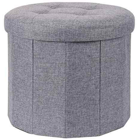 Carousel Home Fabric Pouffe Storage Footstool Round Storage Ottoman | Folding Footstool with Storage Box | Foot Stools for Living Room - Grey