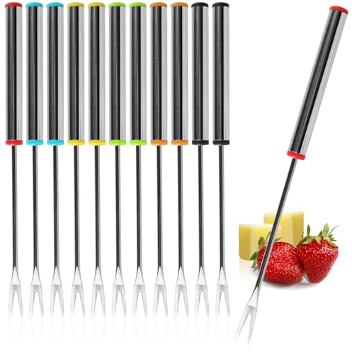 COM-FOUR® 12x Tenedores para fondue de acero inoxidable (18 cm) – Para fondue de queso & chocolate – Cubiertos aptos para lavavajillas con mango de acero & punta de color (12 piezas - colorido)