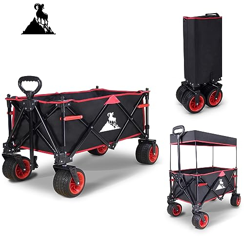 Topwell Bollerwagen Faltbar Breite Reifen Handwagen mit Abnehmbare Dach Verstellbarem Griff, Gartenwagen Faltbollerwagen Gartenkarre Transportwagen, Draussen Camping Einkaufen, 120kg(schwarz)