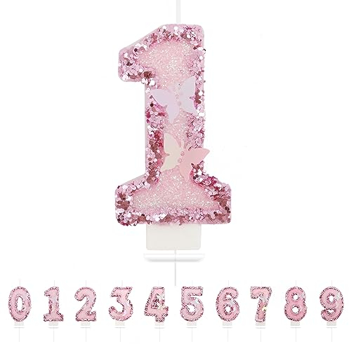 Geburtstagskerzen Zahlen 1,3D Schmetterling Geburtstagskerzen,Rosa Geburtstag Kerzen 1, Kuchen Topper Dekoration Kuchendeko Geburtstag, Geburtstagskerzen für Geburtstagsdeko
