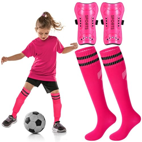 Syhood Soccer Shin Guards with Socks for Kids Age 3-15, M Size, Pink