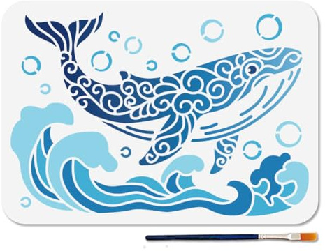 MAYJOYDIY Plantilla de ballena estampada, A4, olas del mar/burbujas, plantilla con pincel, 29,7 × 21 cm, animales marinos, página para colorear reutilizable para ventanas de madera, manualidades