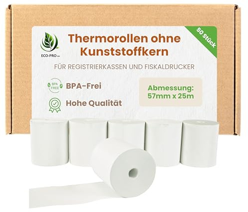 ECO - PRO PAP - Rollos de papel térmico sin núcleo de plástico de 57 mm x 25 m, rollo de papel térmico sin BPA, apto para cajas registradoras e impresoras fiscales - Pack de 50 unidades