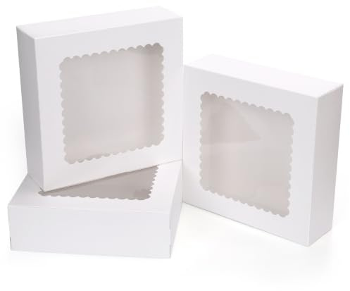 GXFCING 24 stycken vit tårtkartong med fönster, 20,4 x 20,4 x 6,4 cm kaklåda bakverk kartong presentförpackning, kex muffin tårtor praliner makaron donut cupcake lådor transportlåda