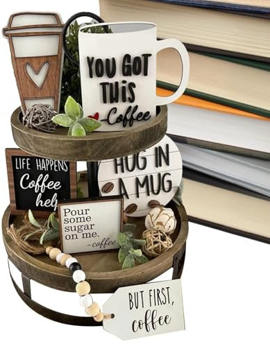 Set Decorazioni Vassoi A Più Livelli Per Caffè - Accessori Decorativi In Legno Per Bar Di Casa, Allestimento Tavolo Da Caffè | Elementi Decorativi Rustici Per Vassoi A Più Ripiani, Insegne Vintage In