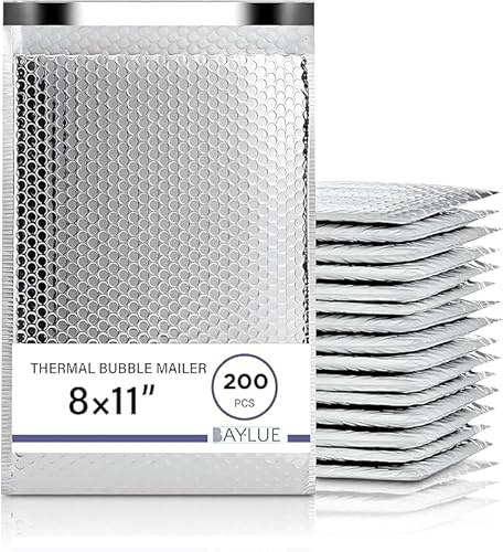 Baylue Thermal Bubble Mailer 8x11 - 200 Pack Bulk | Metallic Bubble Mailers #2| Insulated Mailers for Cold Shipping | Waterproof Thermal Foil Shipping Envelopes | Secure Cold Shipping Bags